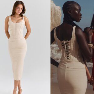 HOUSE OF CB 'Samya' Almond Corset Midi Dress NWOT
